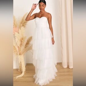 Phenomenal Passion White Tulle Pleated Strapless Maxi Dress